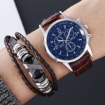 leather men wristwatch gift set with bracelet ()