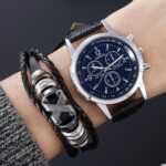 leather men wristwatch gift set with bracelet ()