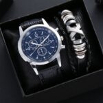 leather men wristwatch gift set with bracelet ()