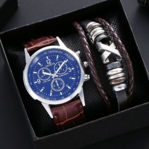 Men Leather Wristwatch and Bracelet Gift Set